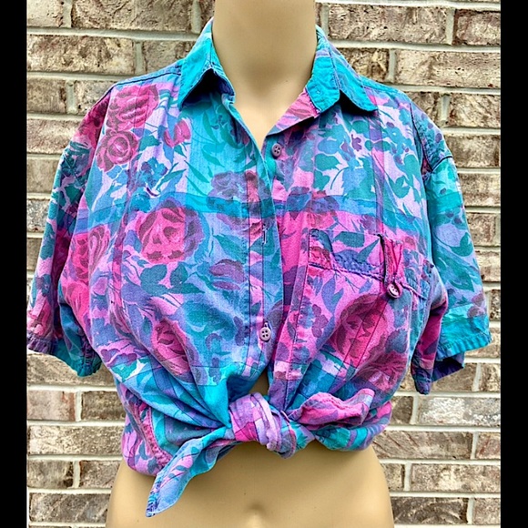 Vintage Tops - Vintage 90s Floral Abstract Button Down Shirt